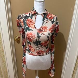 Revamped Floral Crop Top Womens XXS Tan Rose Puff Sleeve Ruched Mock Neck